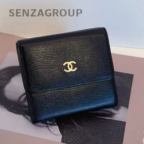 Chanel Short Wallet Clutch Black Gold Used Women Classic
