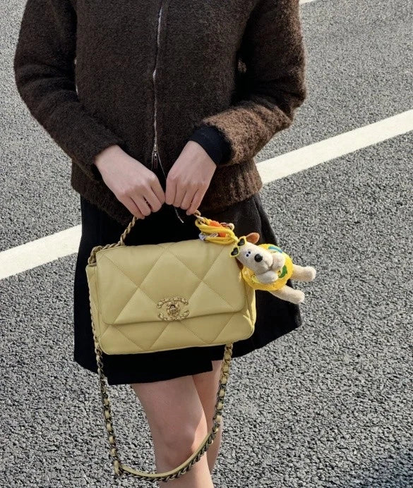 Authentic CHANEL 19Bag Yellow Lambskin Shoulder Bag Women