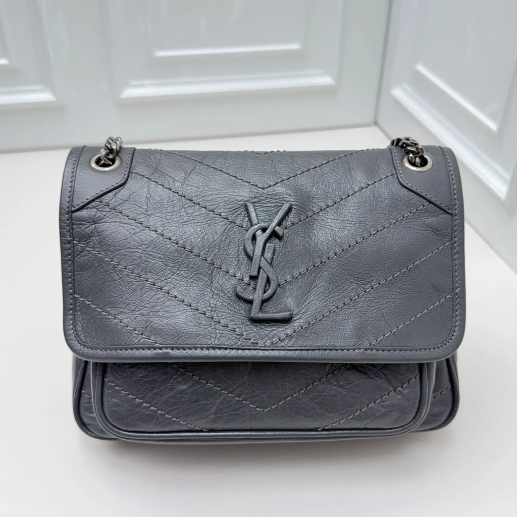 Saint Laurent Niki Gray Silver Shoulder Bag Crossbody Excellent