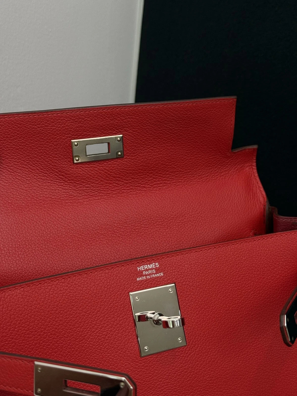 Hermes Kelly28 Evercolor Top Handle Bag Crossbody Red Silver Classic Women