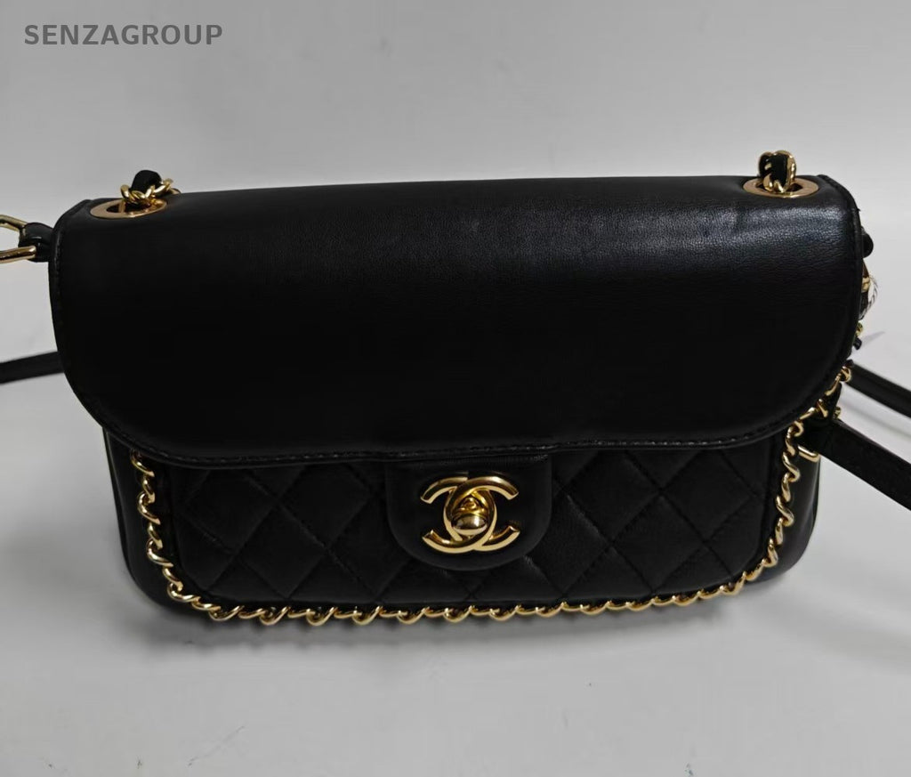 Chanel Timeless Chain Shoulder Bag Black Gold Diamond Women Classic Designer