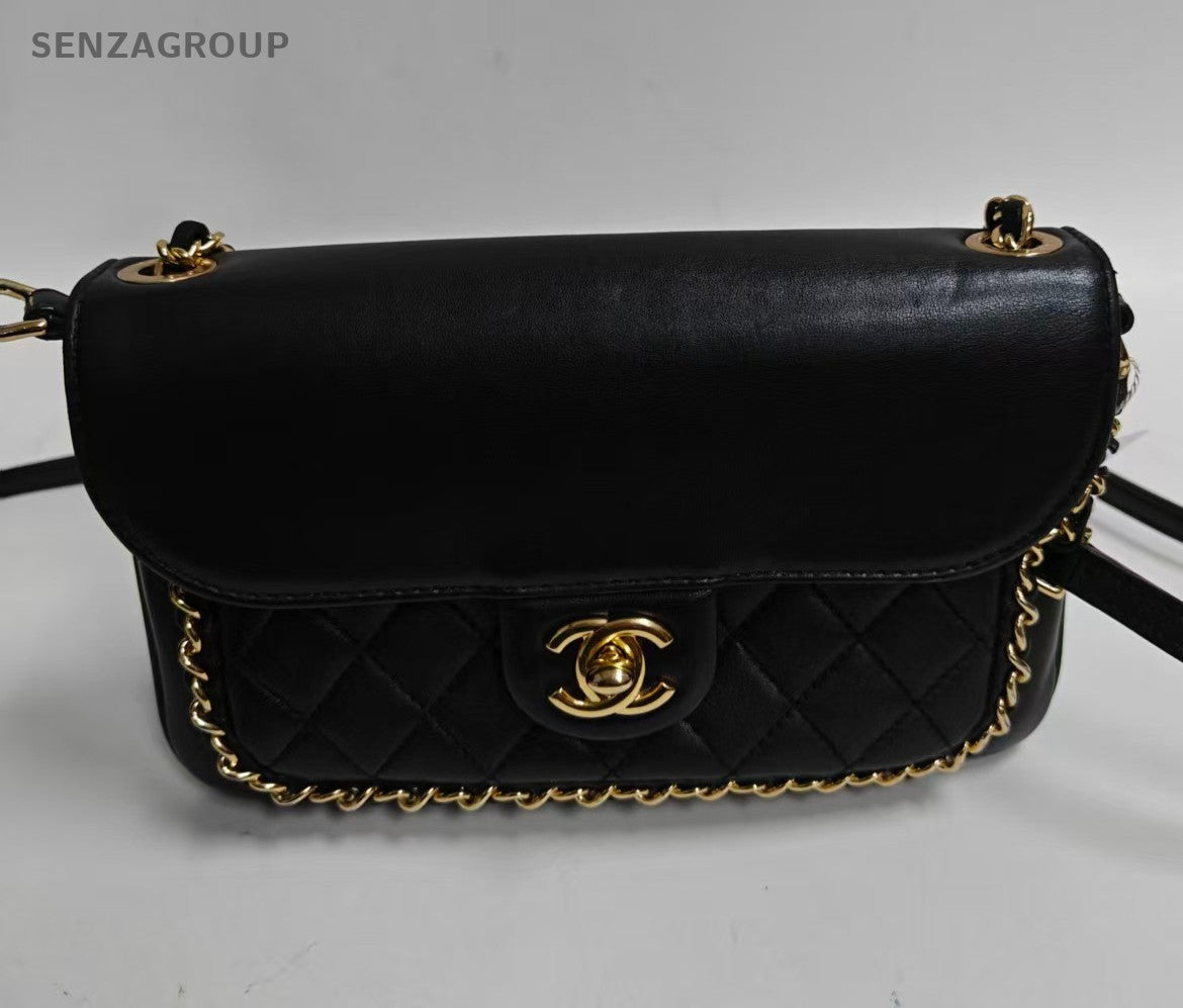 Chanel Timeless Chain Shoulder Bag Black Gold Diamond Women Classic Designer