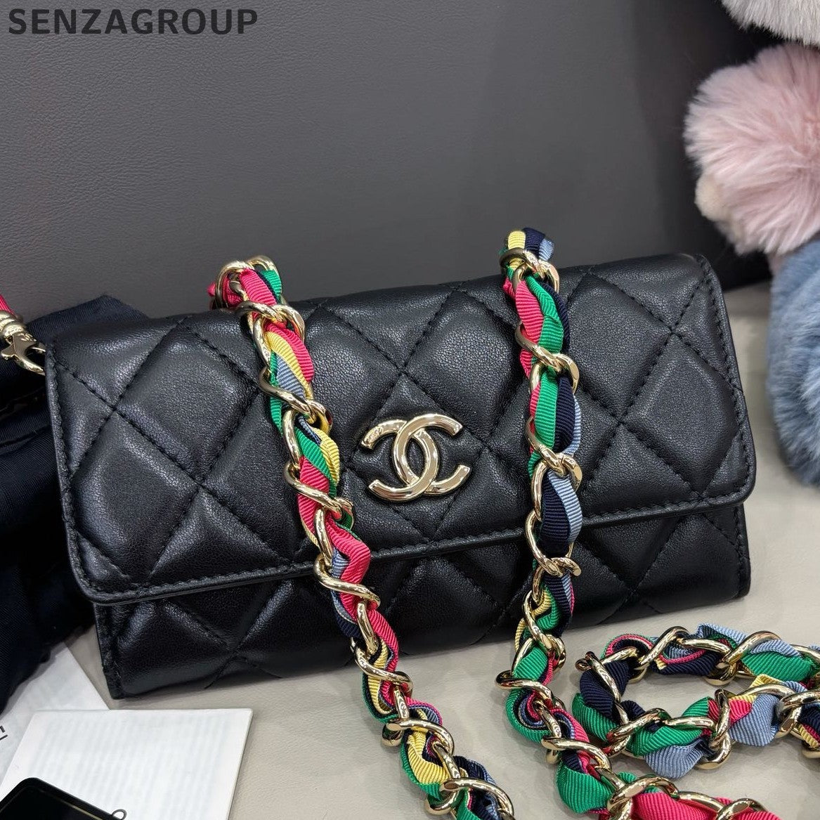 Chanel Diamond Lambskin Chain Crossbody Black Gold Women Classic