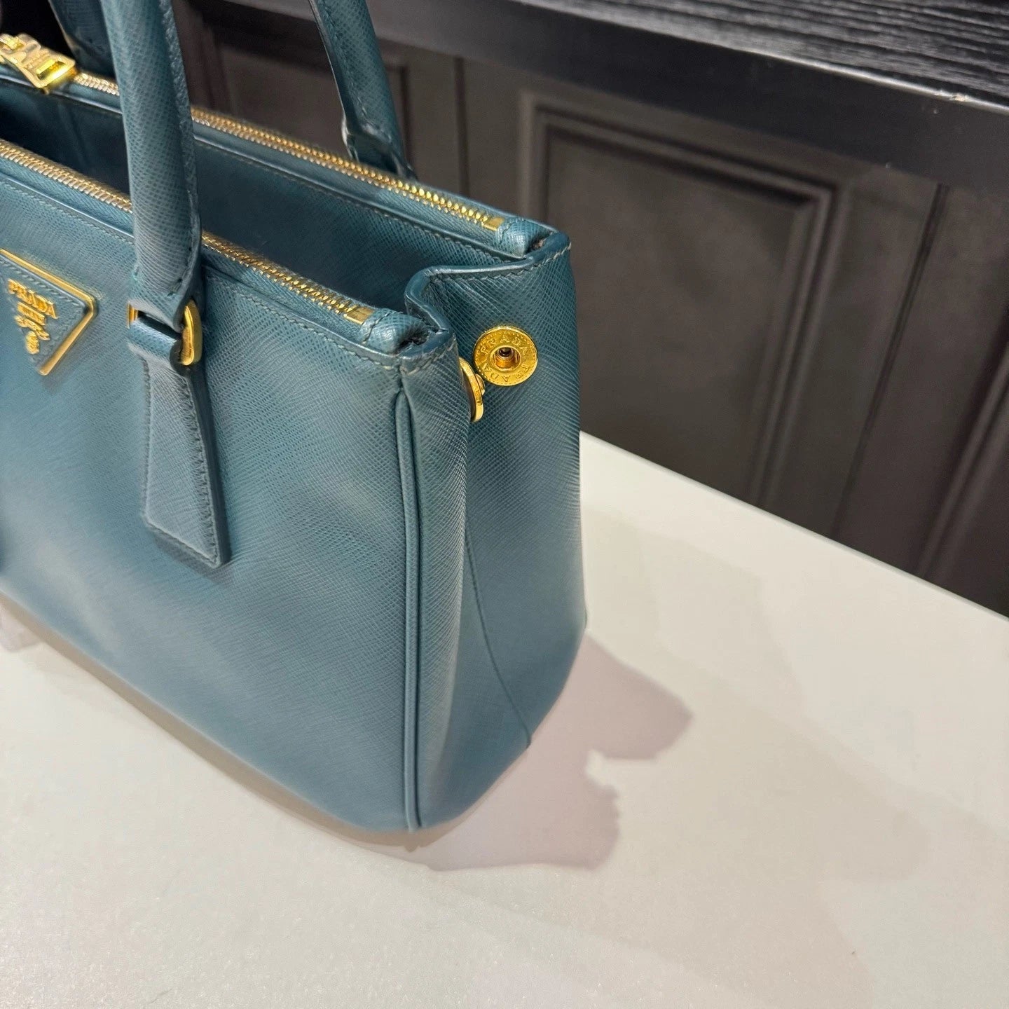 Prada Galleria 2Way Top Handle Bag Crossbody Blue Gold Used Women Classic