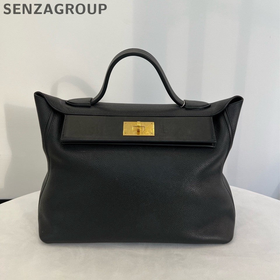 Hermes 2424 Kelly Top Handle Bag Black Gold Women Classic Fashion