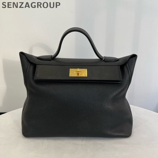 Hermes 2424 Kelly Top Handle Bag Black Gold Women Classic Fashion