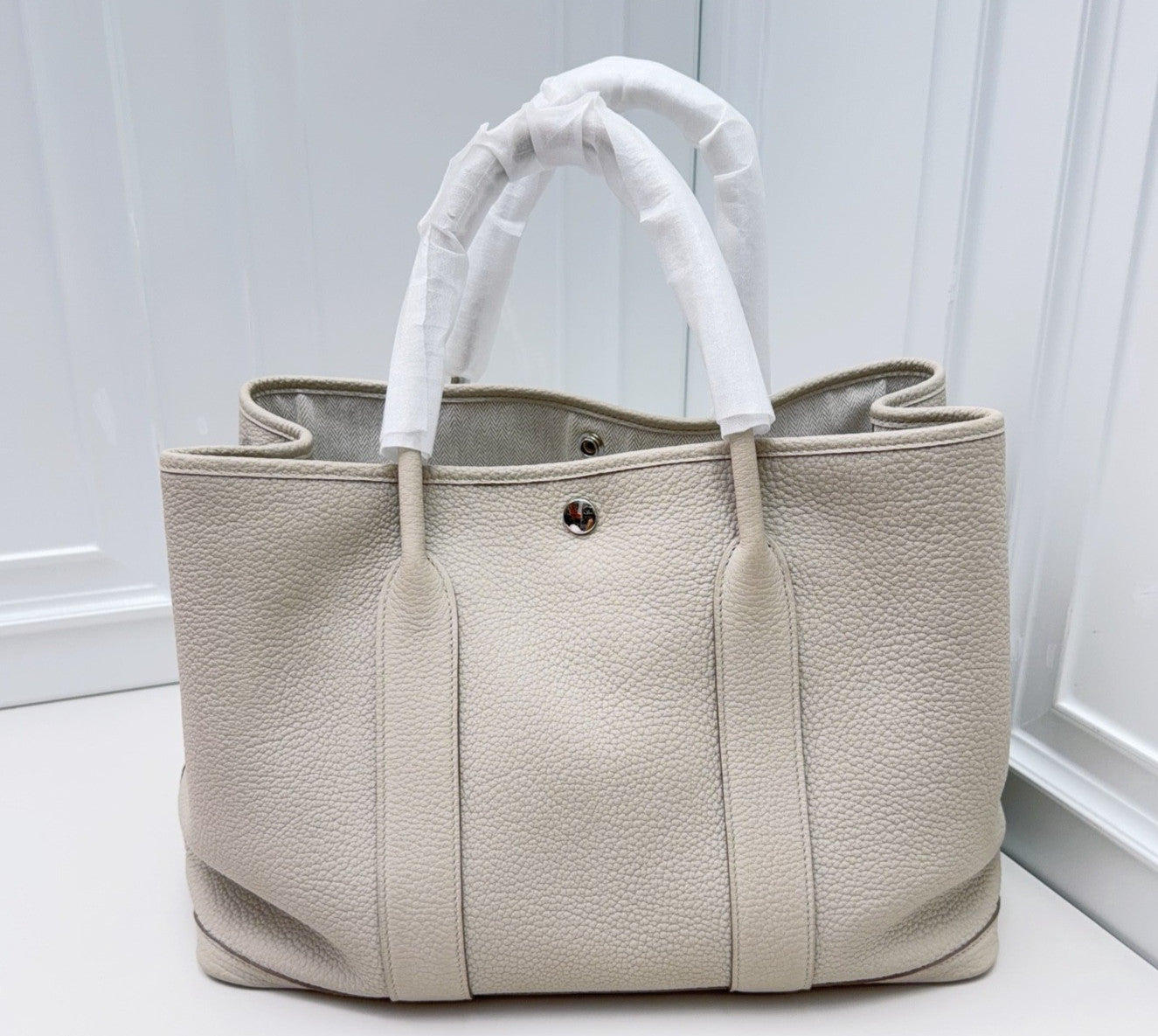 Hermes Garden Party Top Handle Bag White Silver Used Women Classic