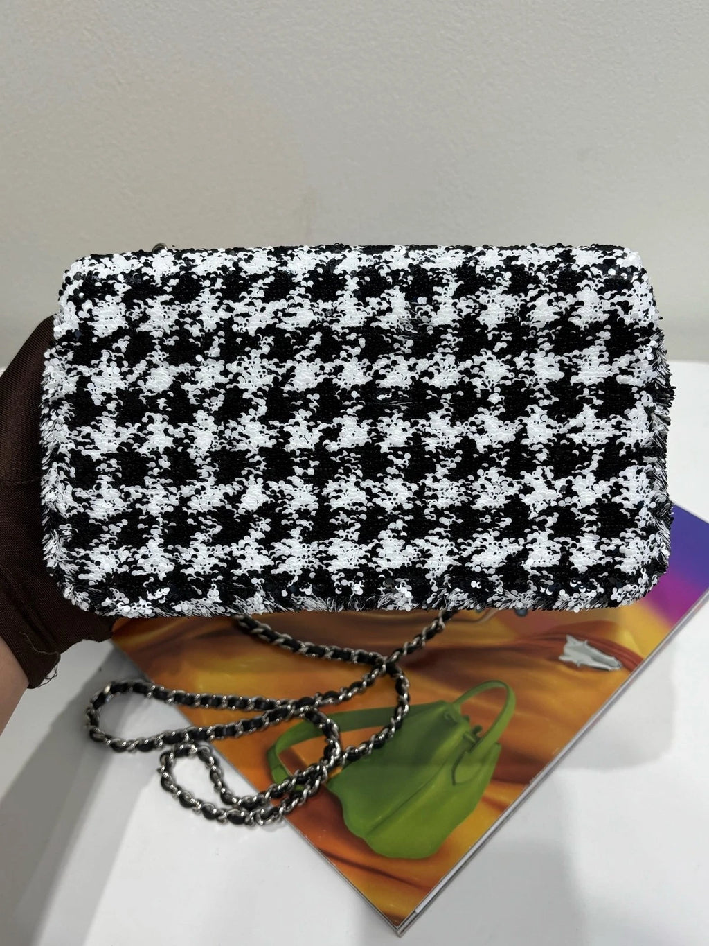CHANEL CF Large Mini Houndstooth Sequin Shoulder Bag For Women