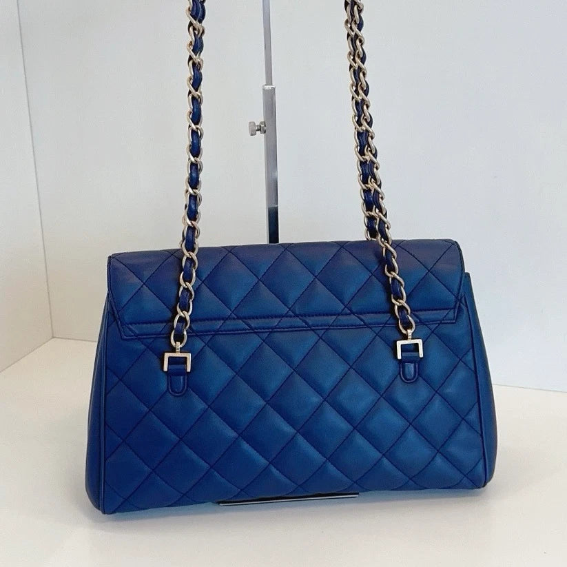 Chanel Diamond Tote Chain Shoulder Bag Blue Gold Used Women Classic