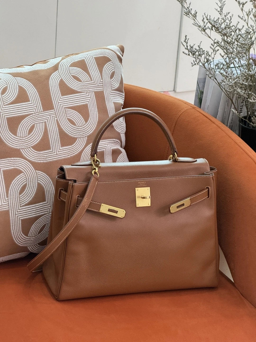 Authentic Hermes Kelly 32 Courchevel Tote Top Handle Crossbody Bag Brown GHD