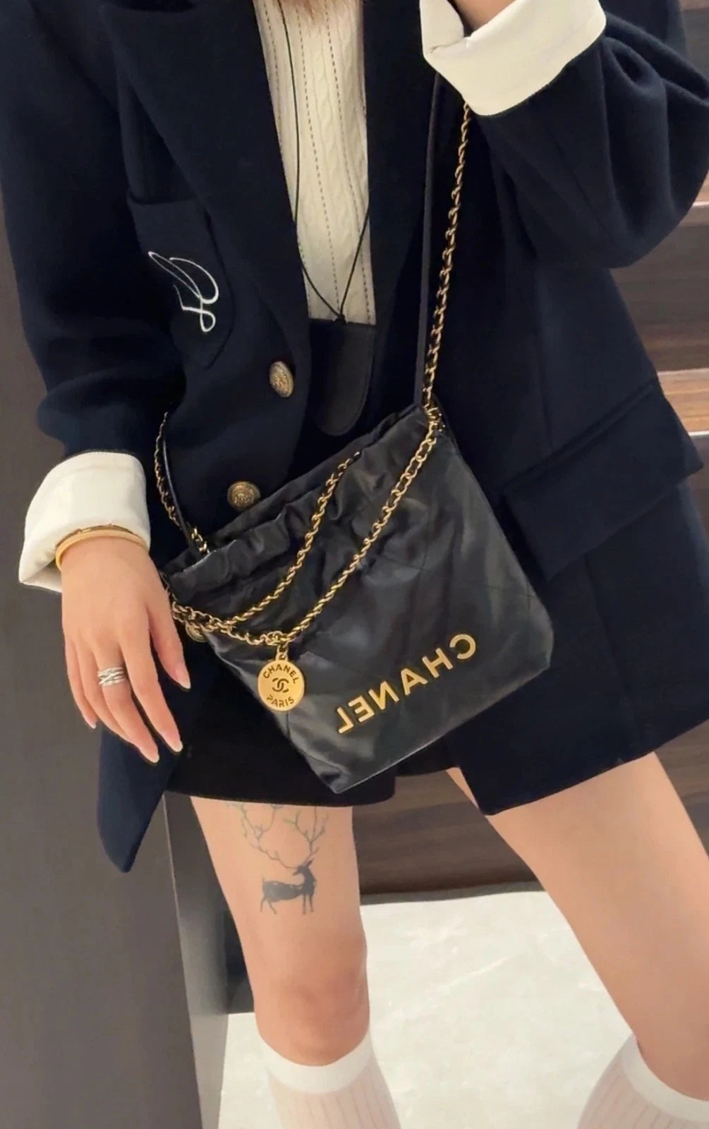 Chanel 22Bag Mini Chain Shoulder Crossbody Black Gold Women Classic
