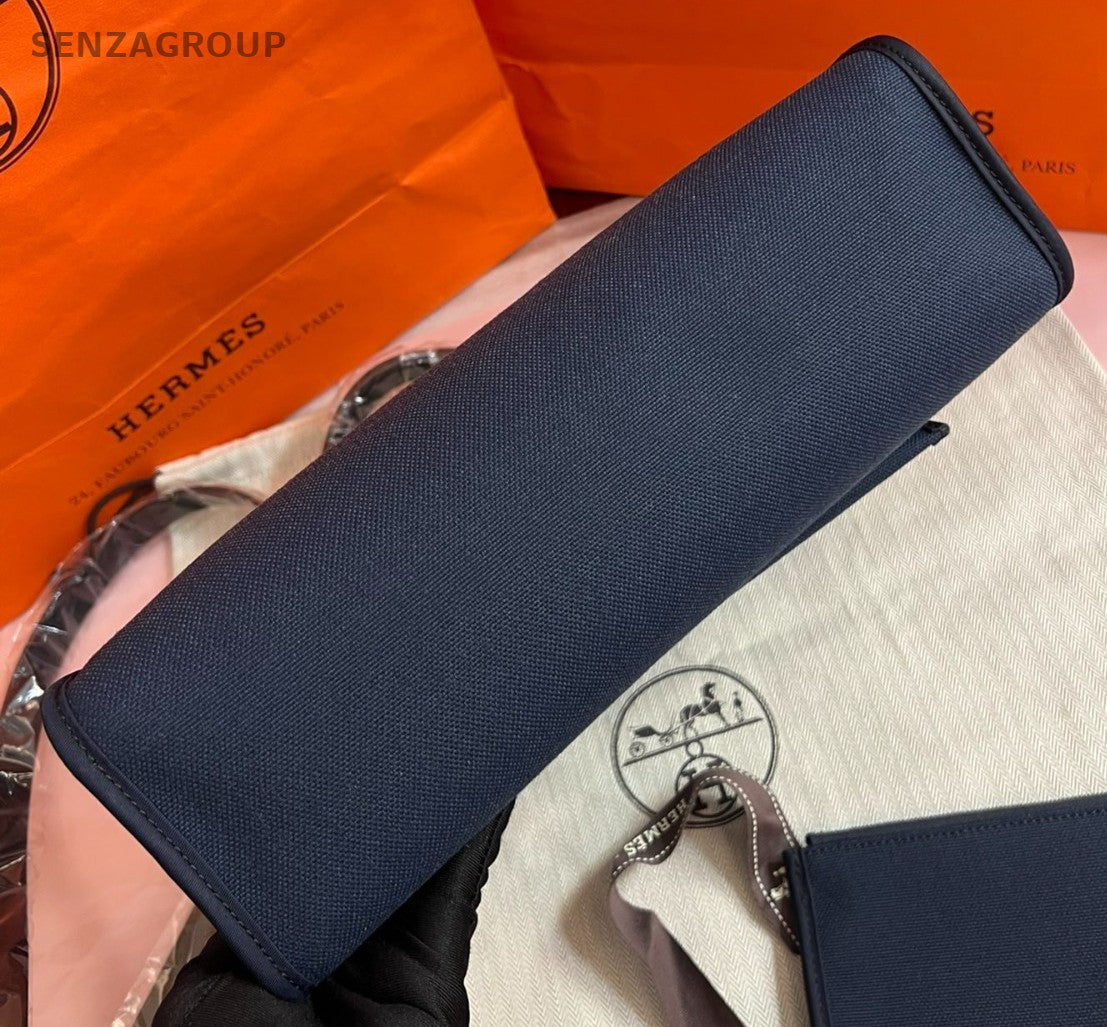 Hermes Herbag31 Canvas Blue Black Silver Top Handle Bag Crossbody Women Classic