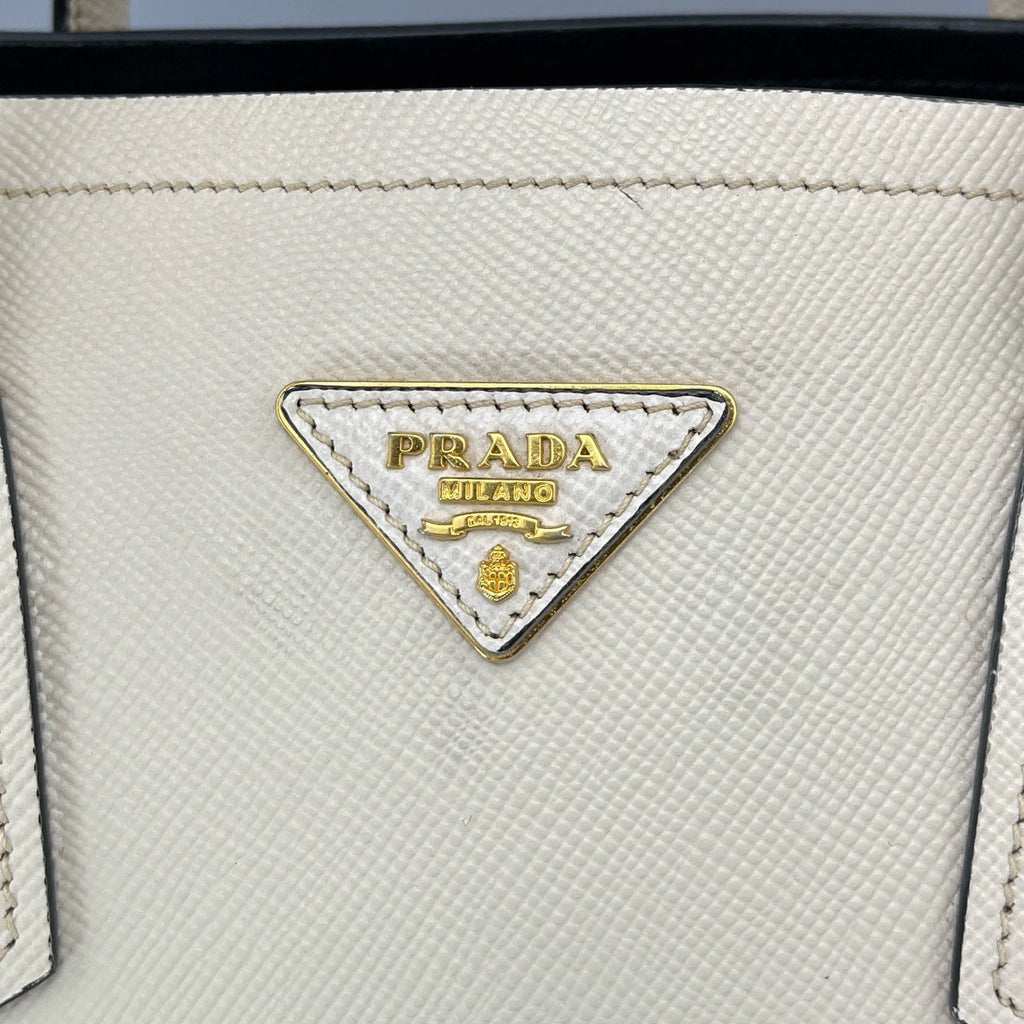 Prada Double Tote Top Handle Bag White Gold Hardware Women Classic