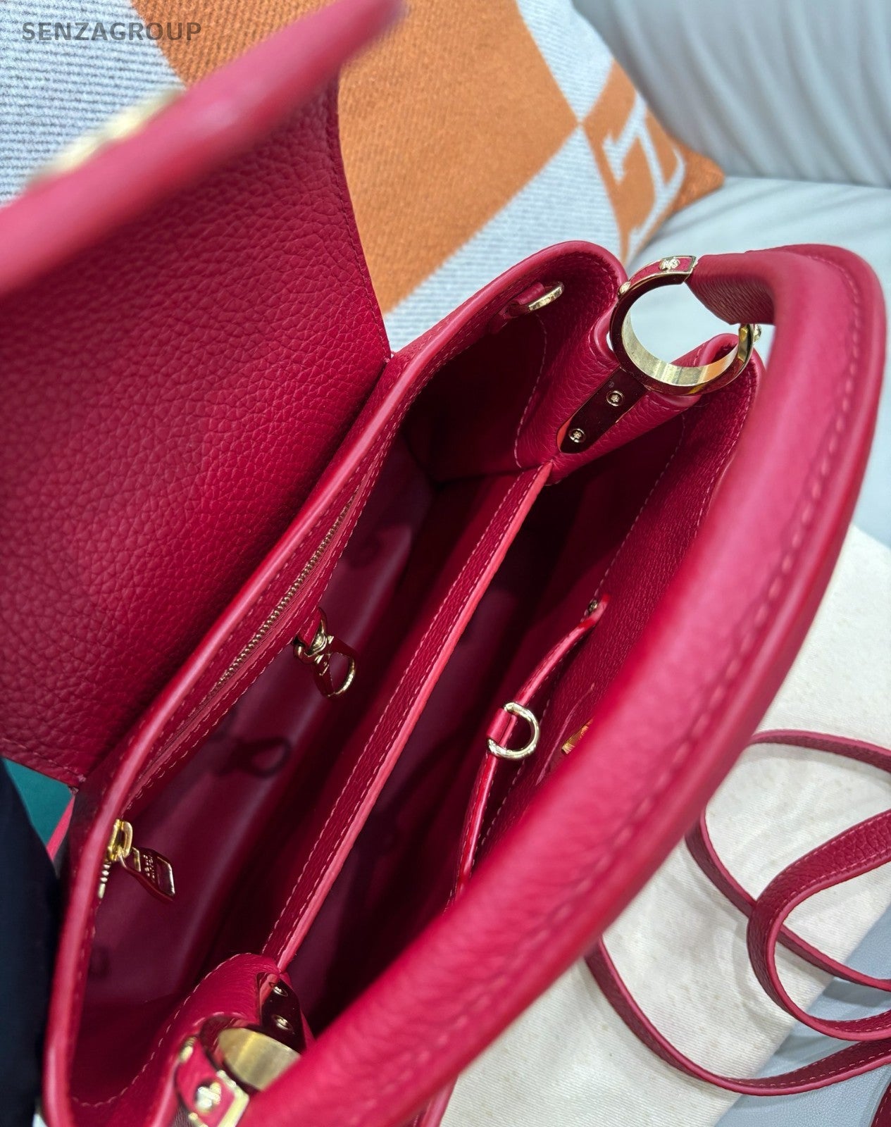 Louis Vuitton Capucines MM Top Handle Bag Crossbody Red Gold Women Classic