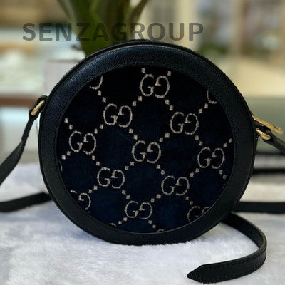 Gucci Velvet Round Bag Black Gold Zipper Shoulder Crossbody Classic Women