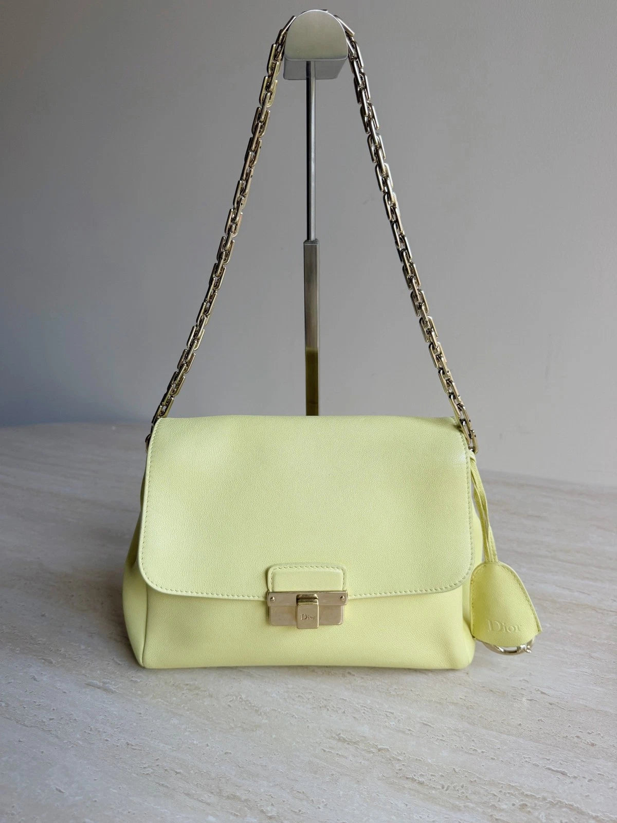 Authentic Christian Dior Diorling Chain Yellow Shoulder Bag in Gold Hardware