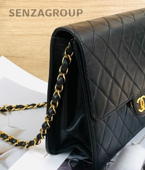 Chanel  Classic Flap Diamond Pattern Chain Shoulder Bag Black Gold Used Women