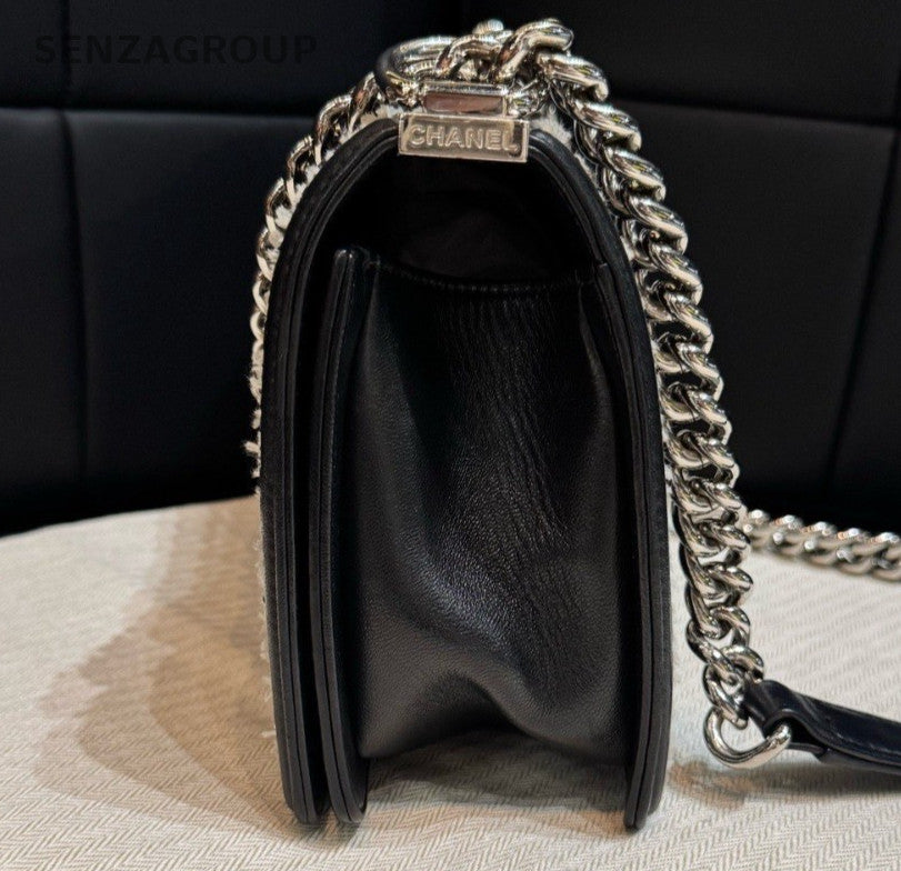 Chanel Leboy MM Lambskin Chain Shoulder Bag Crossbody Black Silver Women Classic