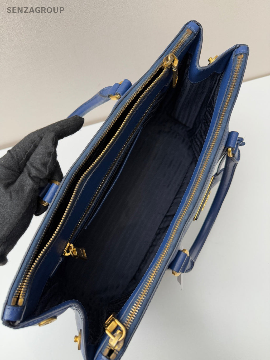 PRADA Saffiano Top Handle Blue Gold Handbag Women Classic