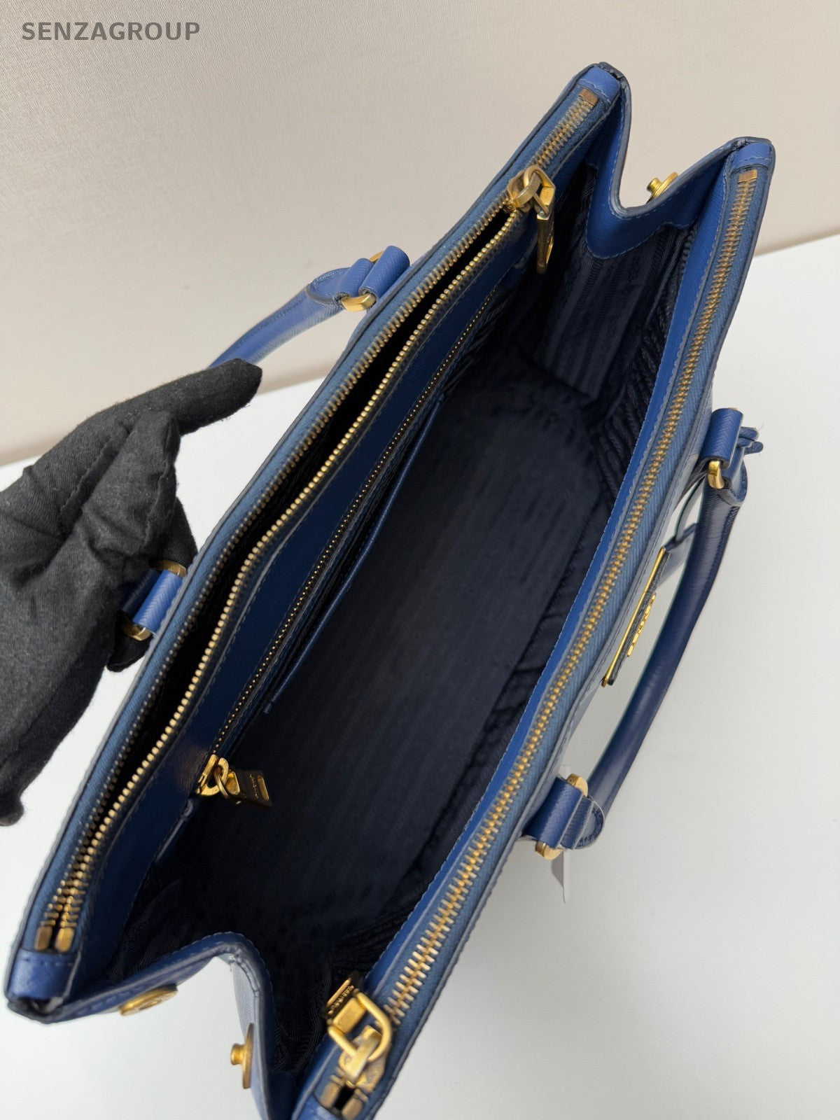 PRADA Saffiano Top Handle Blue Gold Handbag Women Classic