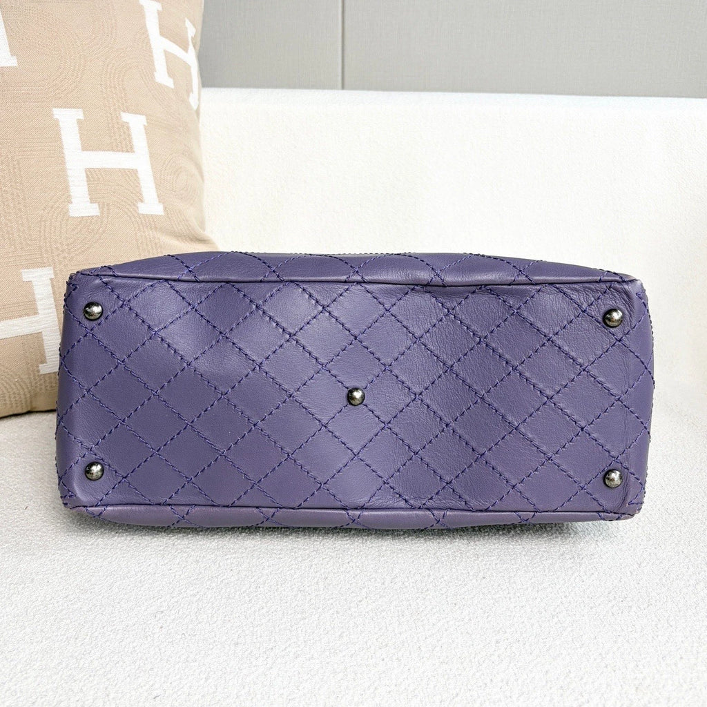 Chanel Diamond Calfskin Tote Chain Top Handle Shoulder Bag Purple Silver Women