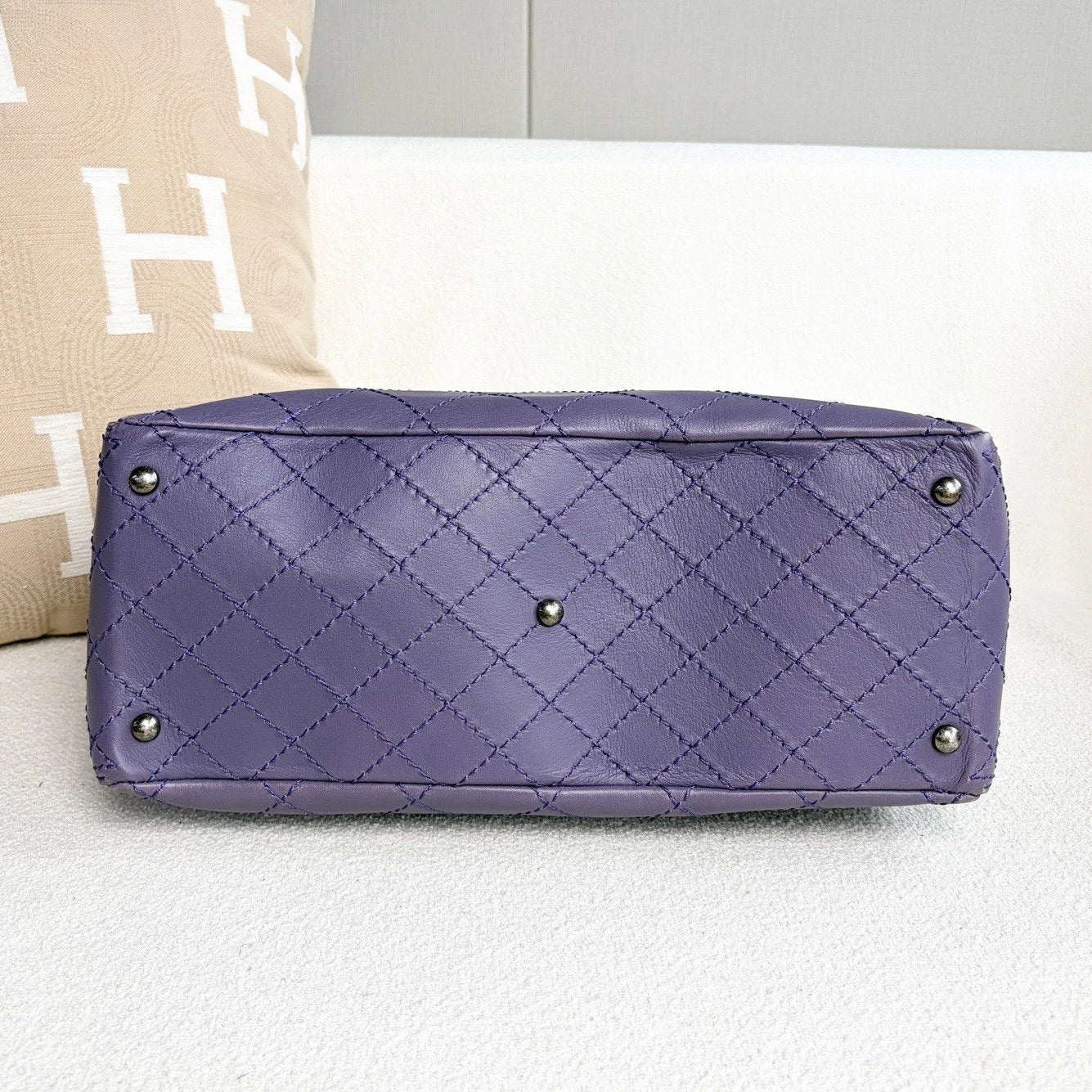 Chanel Diamond Calfskin Tote Chain Top Handle Shoulder Bag Purple Silver Women