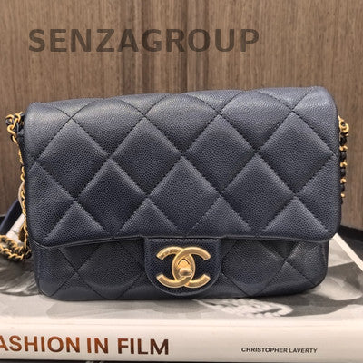 Chanel Quilted Calfskin Blue Gold Chain Shoulder Bag Classic Women