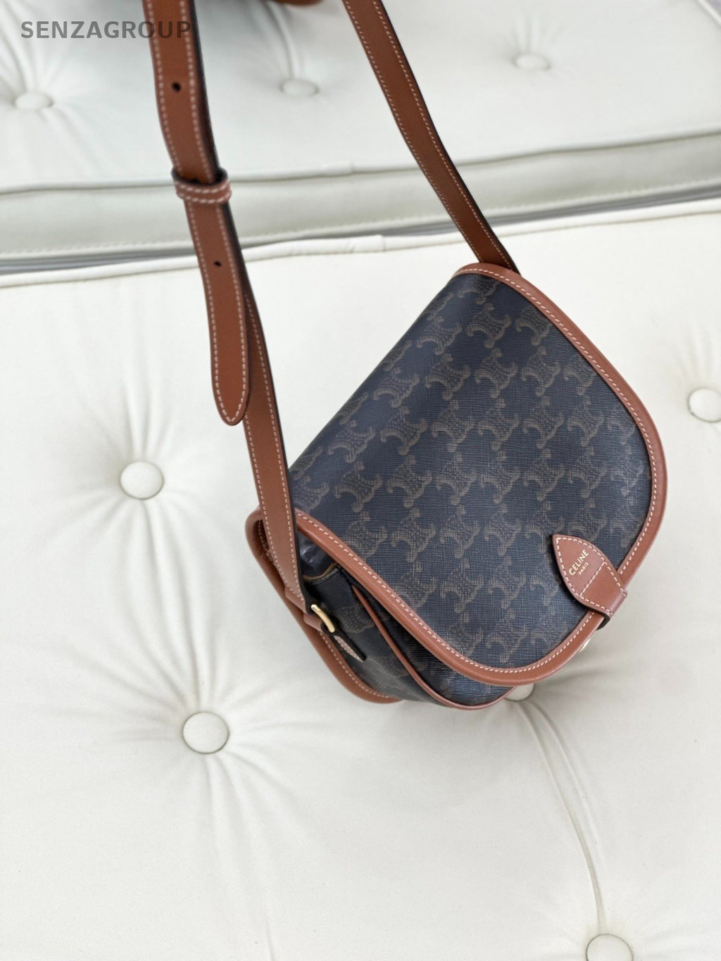 Celine Triomphe Canvas Calfskin Saddle Shoulder Bag Brown Almost Brand New