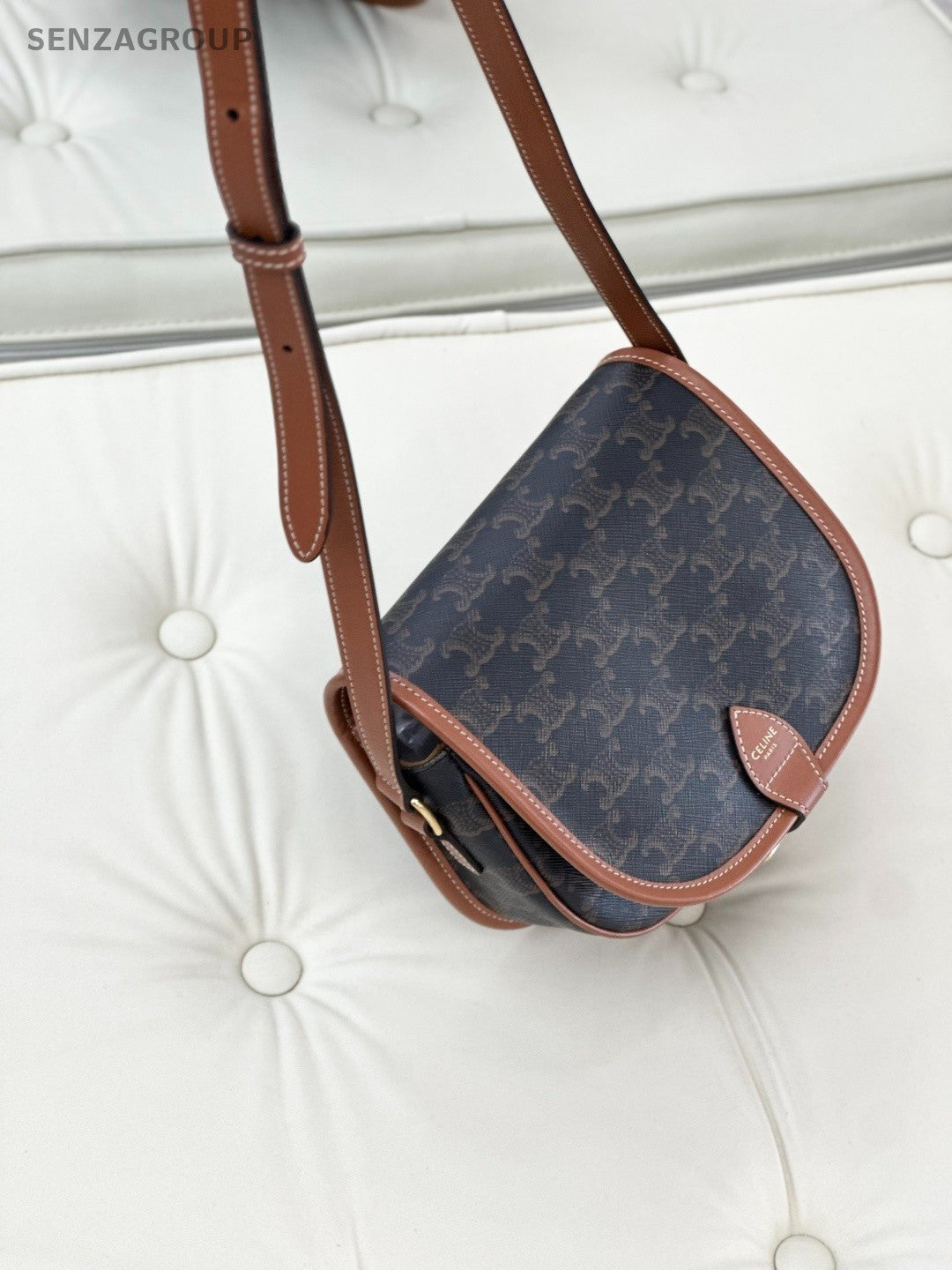 Celine Triomphe Canvas Calfskin Saddle Shoulder Bag Brown Almost Brand New