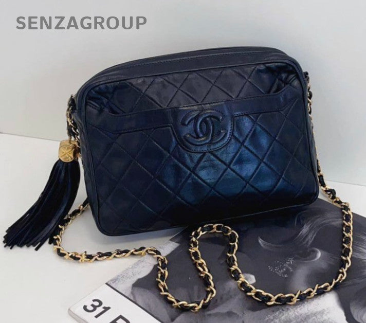 Chanel Diamond Vintage Chain Shoulder Bag Black Gold Used Women Classic
