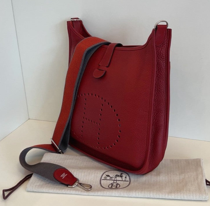 Hermes Evelyne GM Shoulder Bag Crossbody Red Silver Used Women Classic