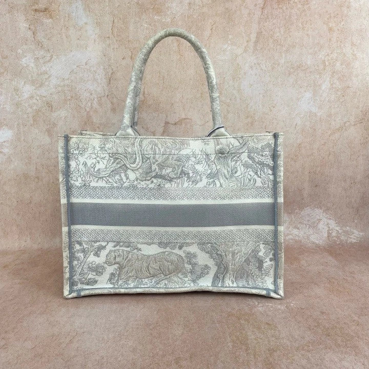 Dior Gray White Embroidered Canvas Medium Tote Handbag For Women