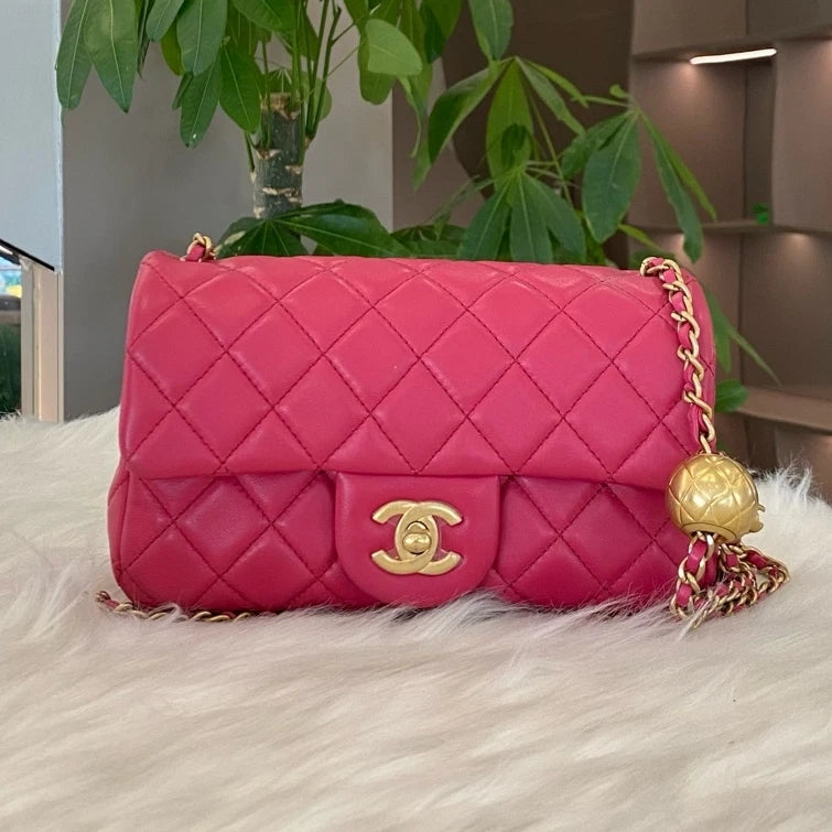 Chanel Gold Ball Mini Classic Flap Bag Pink Gold Chain Shoulder Crossbody