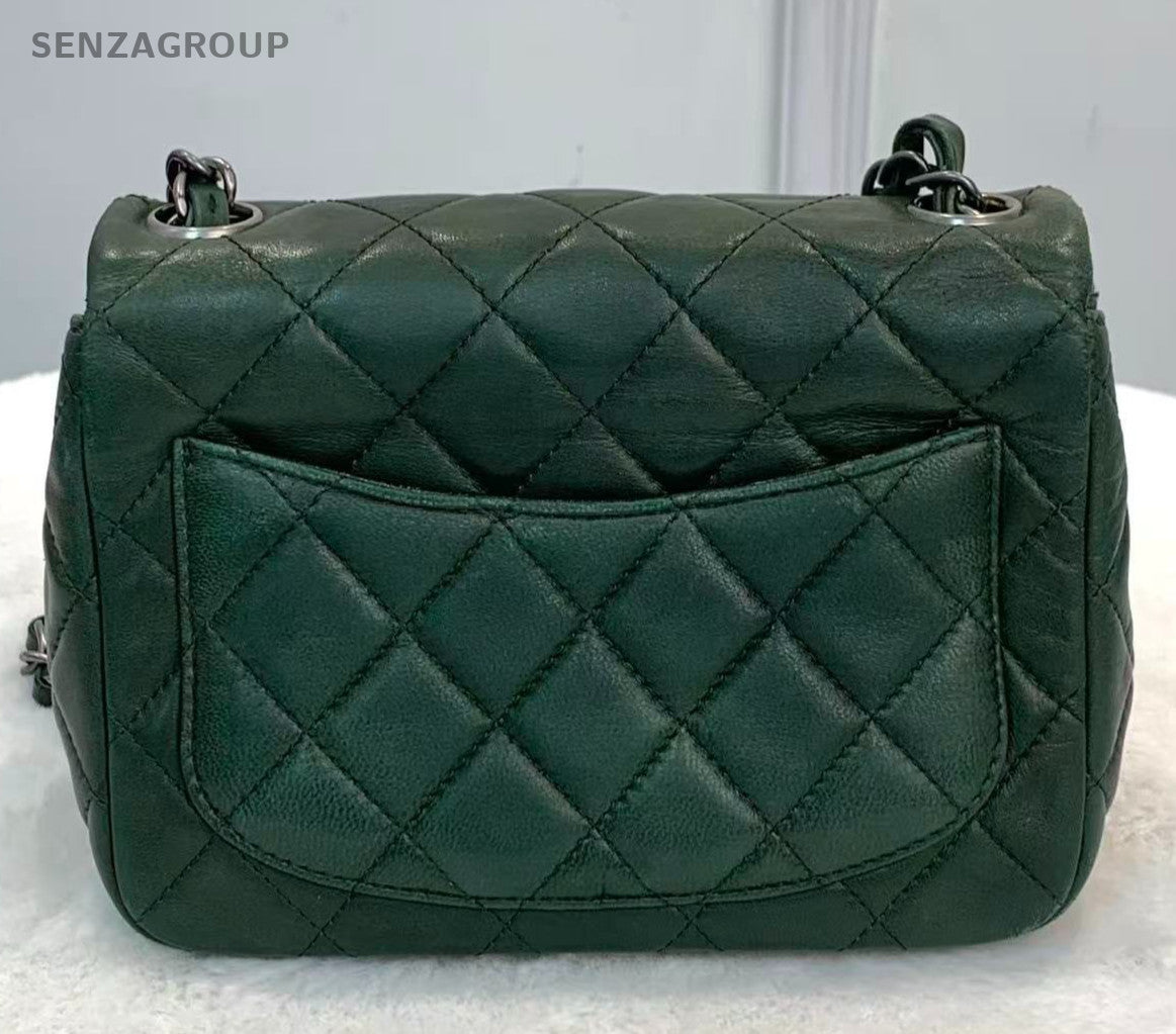Chanel Classic Flap Mini Lambskin Chain Shoulder Bag Green Silver Women Diamond