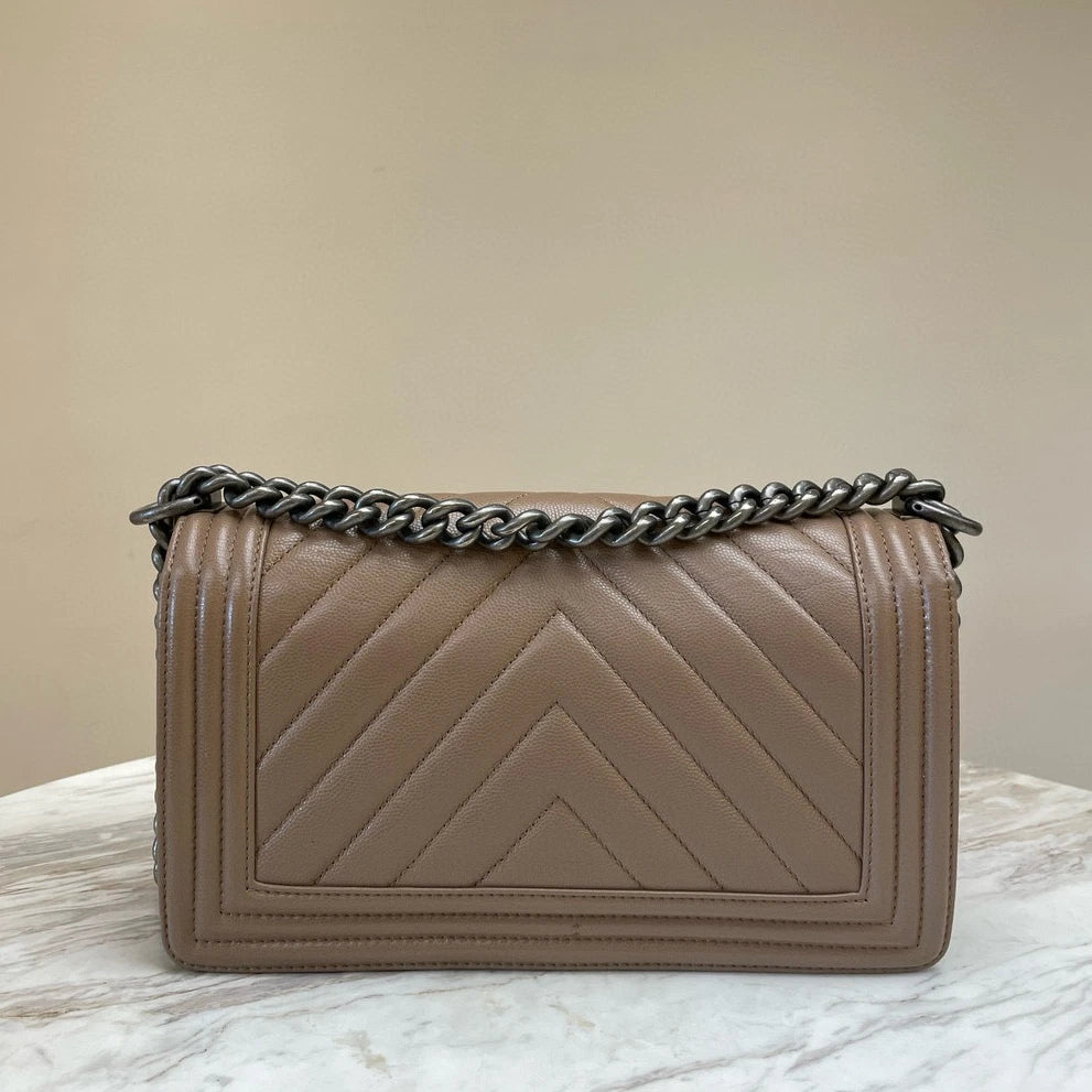 Chanel Le Boy Medium Chain Shoulder Bag Brown Silver Chevron Classic
