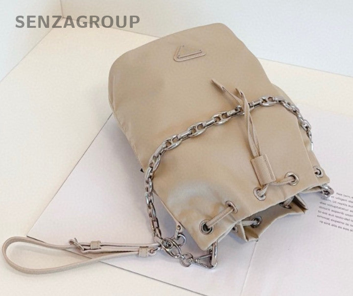 PRADA khaki color Silver Drawstring Bucket Shoulder bag Almost brand new