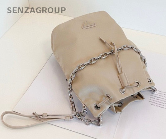 PRADA khaki color Silver Drawstring Bucket Shoulder bag Almost brand new