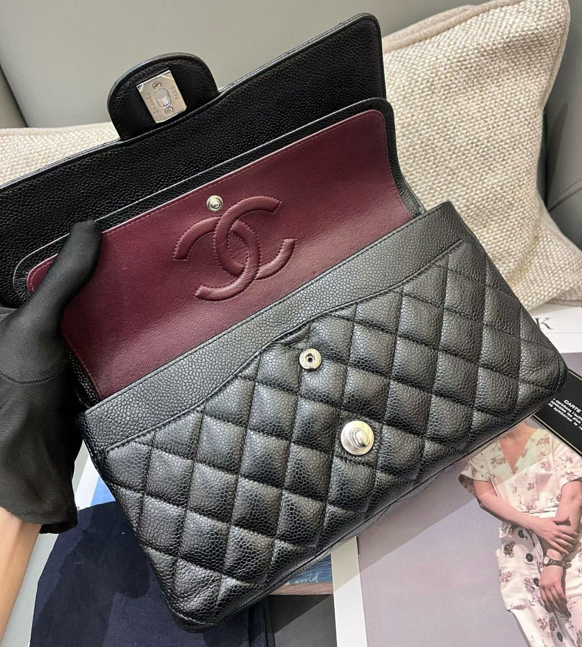 Chanel Classic Flap MM Calfskin Chain Shoulder Bag Crossbody Black Silver Women
