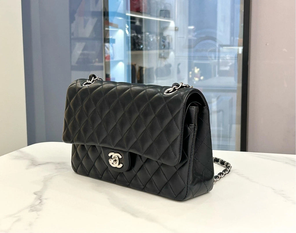 CHANEL CF Black Silver Medium Lambskin Shoulder Bag Women
