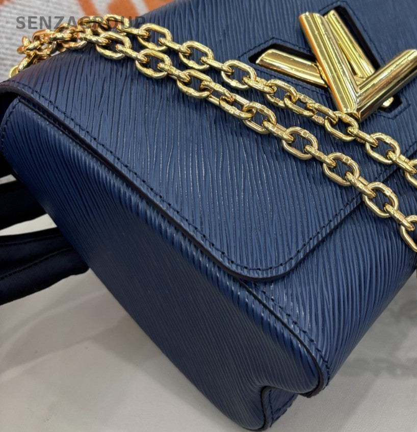 Louis Vuitton Epi Leather MM Chain Shoulder Bag Blue Gold Women Designer
