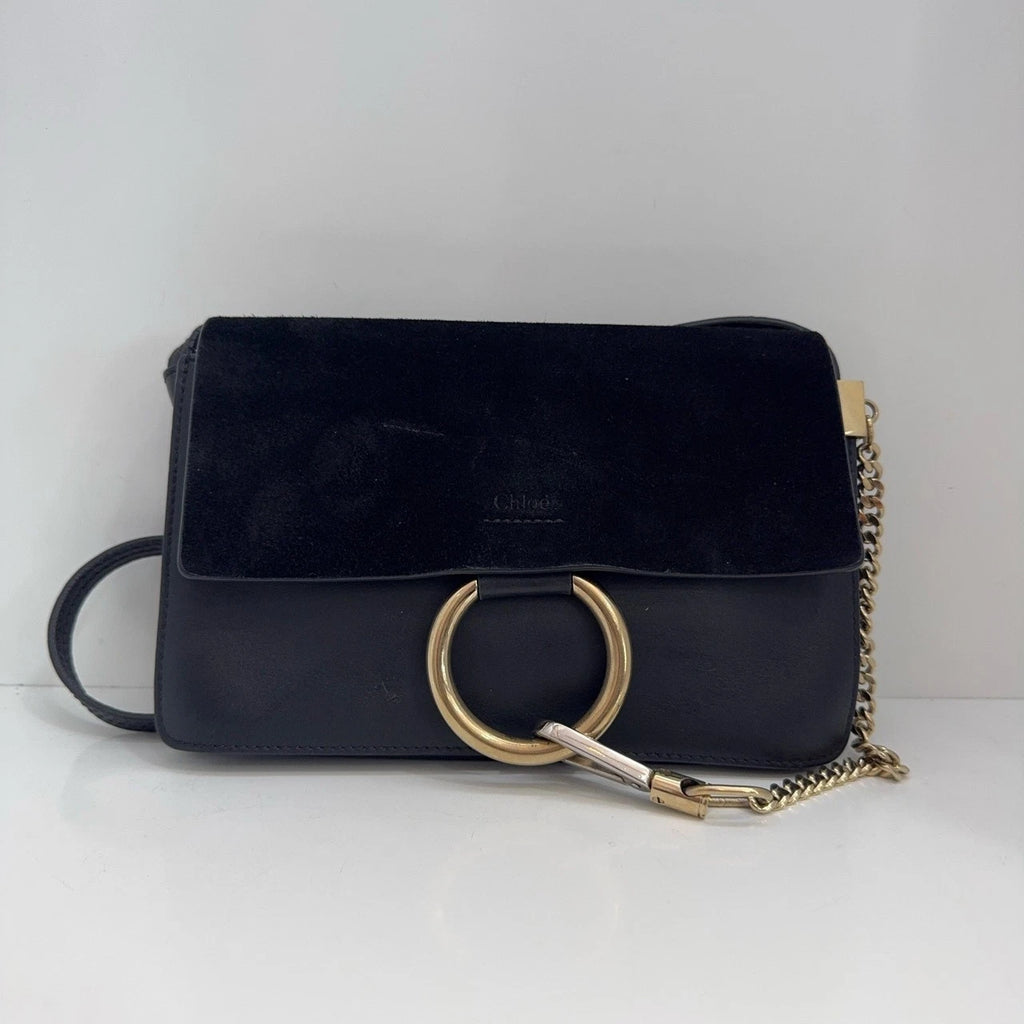 Chloe Faye Black Suede Flap Chain Shoulder Crossbody Bag for Women