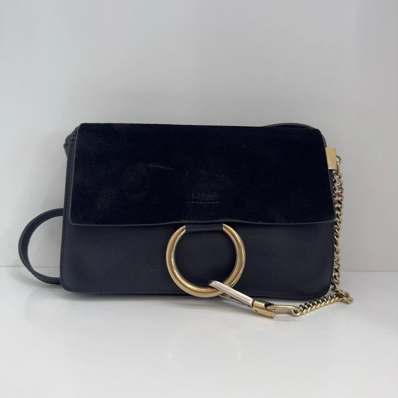Chloe Faye Black Suede Flap Chain Shoulder Crossbody Bag for Women