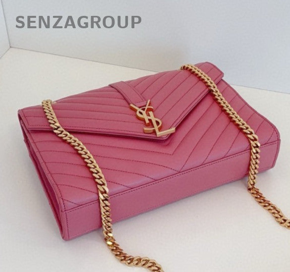 Saint Laurent Envelope MM Chain Shoulder Bag Crossbody Pink Gold Women Classic