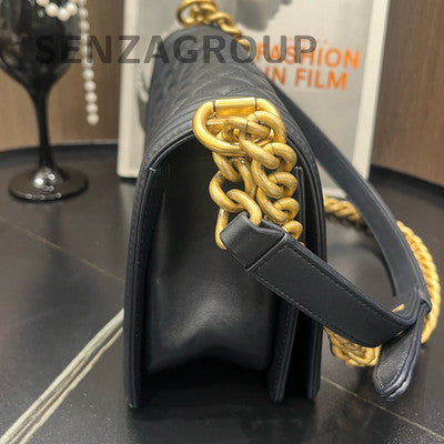 Chanel Le Boy Navy Blue Medium Quilted Chain Shoulder Bag Gold Hardware