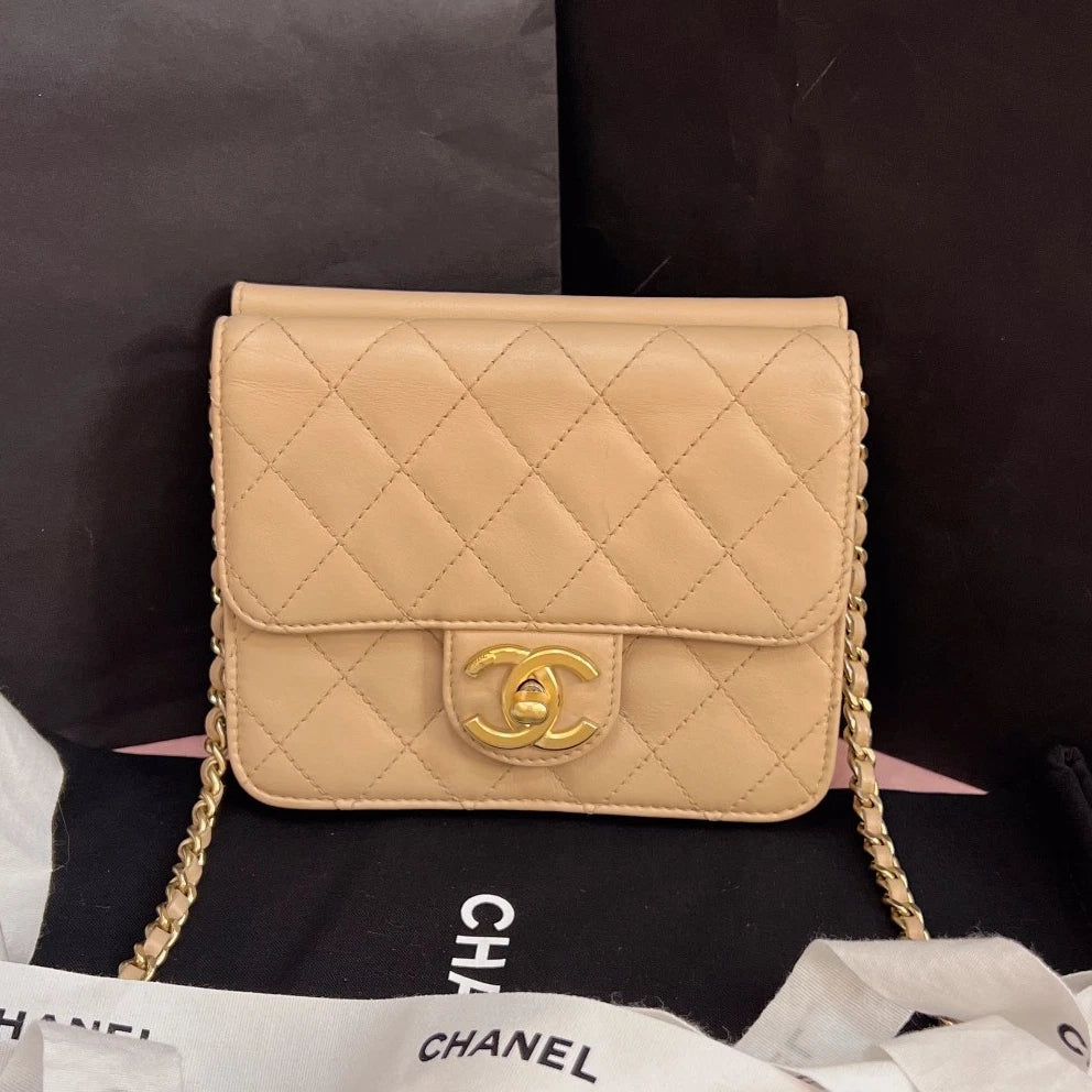 Chanel Woc Mini Calfskin Chain Shoulder Crossbody Beige Gold Excellent