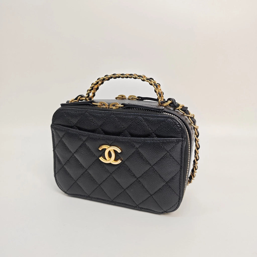Pre-owned CHANEL 22S Black Gold Calfskin Top Handle Camera Bag For Women