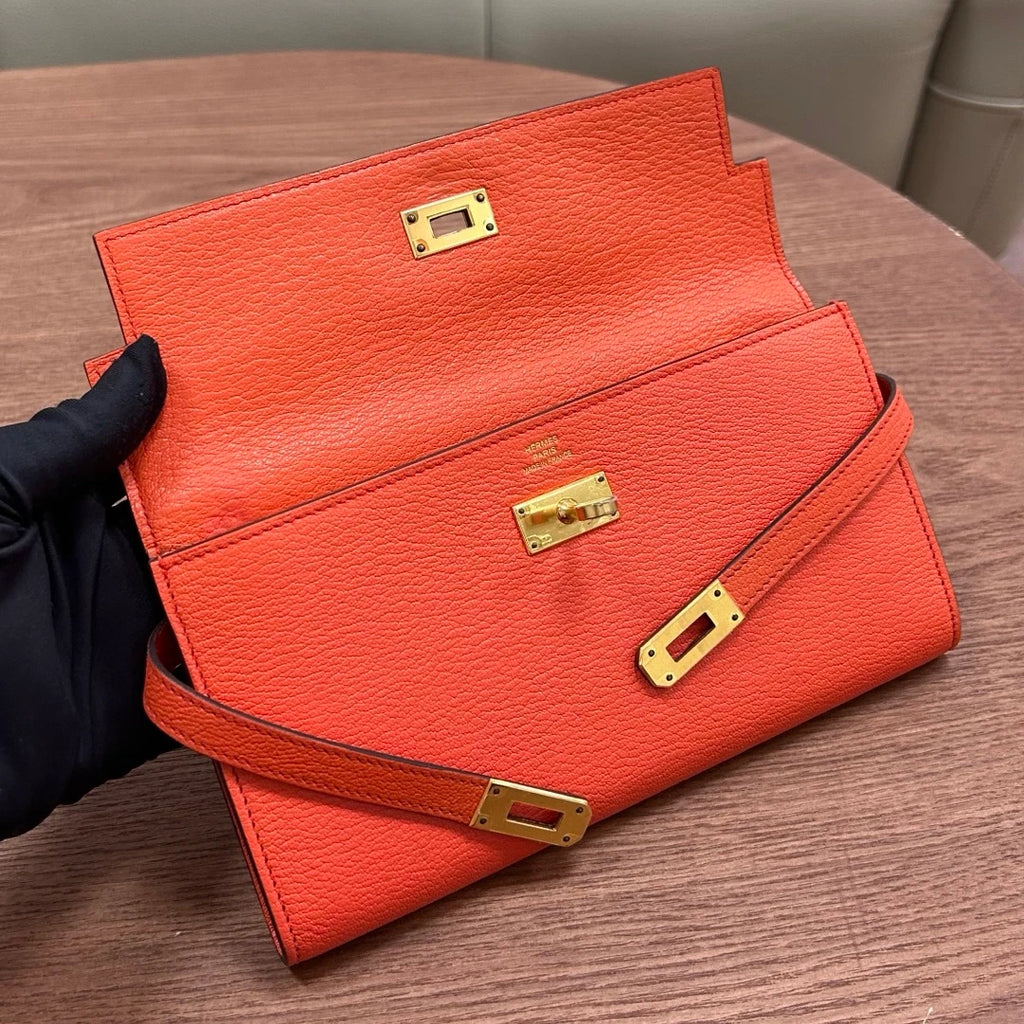 Authentic Hermes Kelly Long Wallet Goatskin Orange Gold Hardware