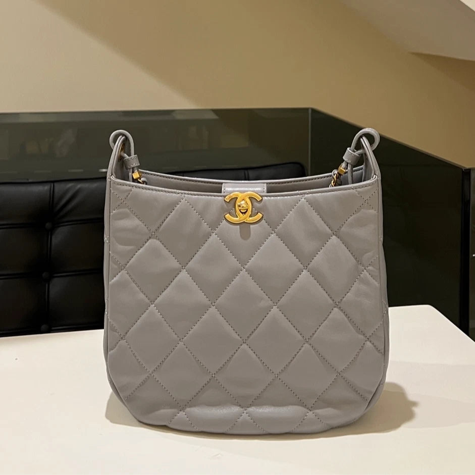 Authentic CHANEL Fog Grey Hippie Underarm Shoulder Bag