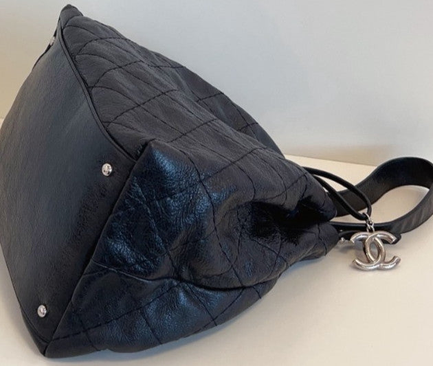 Chanel Calfskin Bucket Shoulder Bag Black Silver Diamond Women Classic Designer