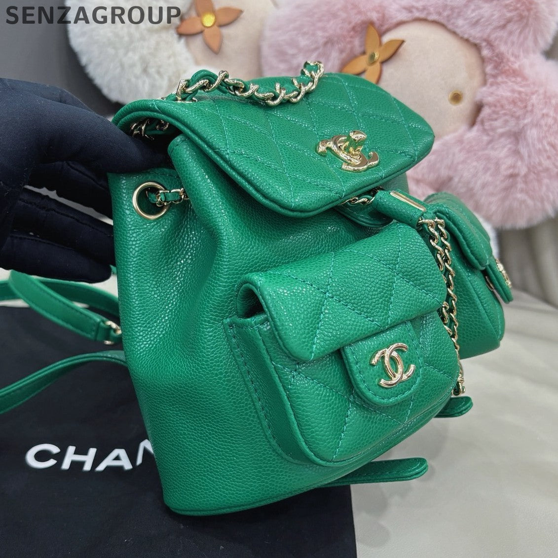 Chanel Duma PM Calfskin Chain Backpack Green Gold Diamond Women Classic
